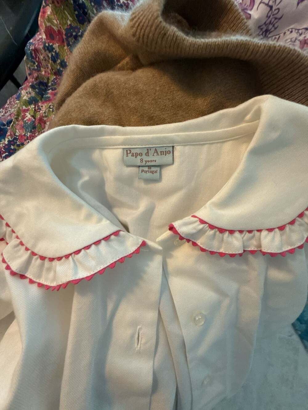 Papo d'Anjo Girls White Long Sleeve Blouse with Pink Ruffle Collar, Size 8 Years